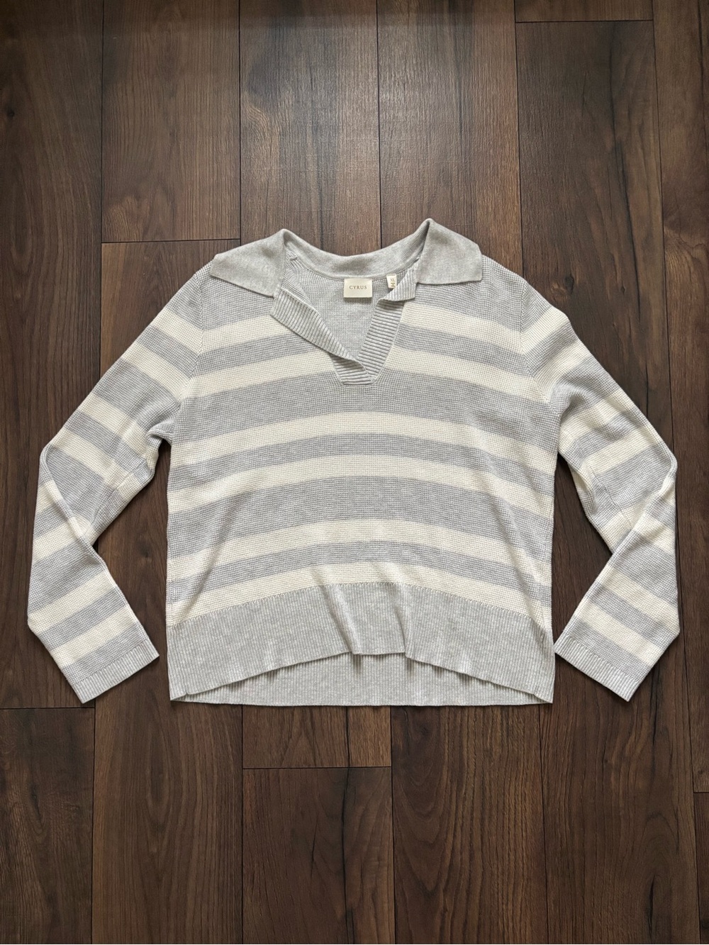 Light Gray and Cream Striped V-Neck Collared Sweater